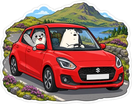 Ice Bear driving the red Suzuki Swift with Seal waving from the window